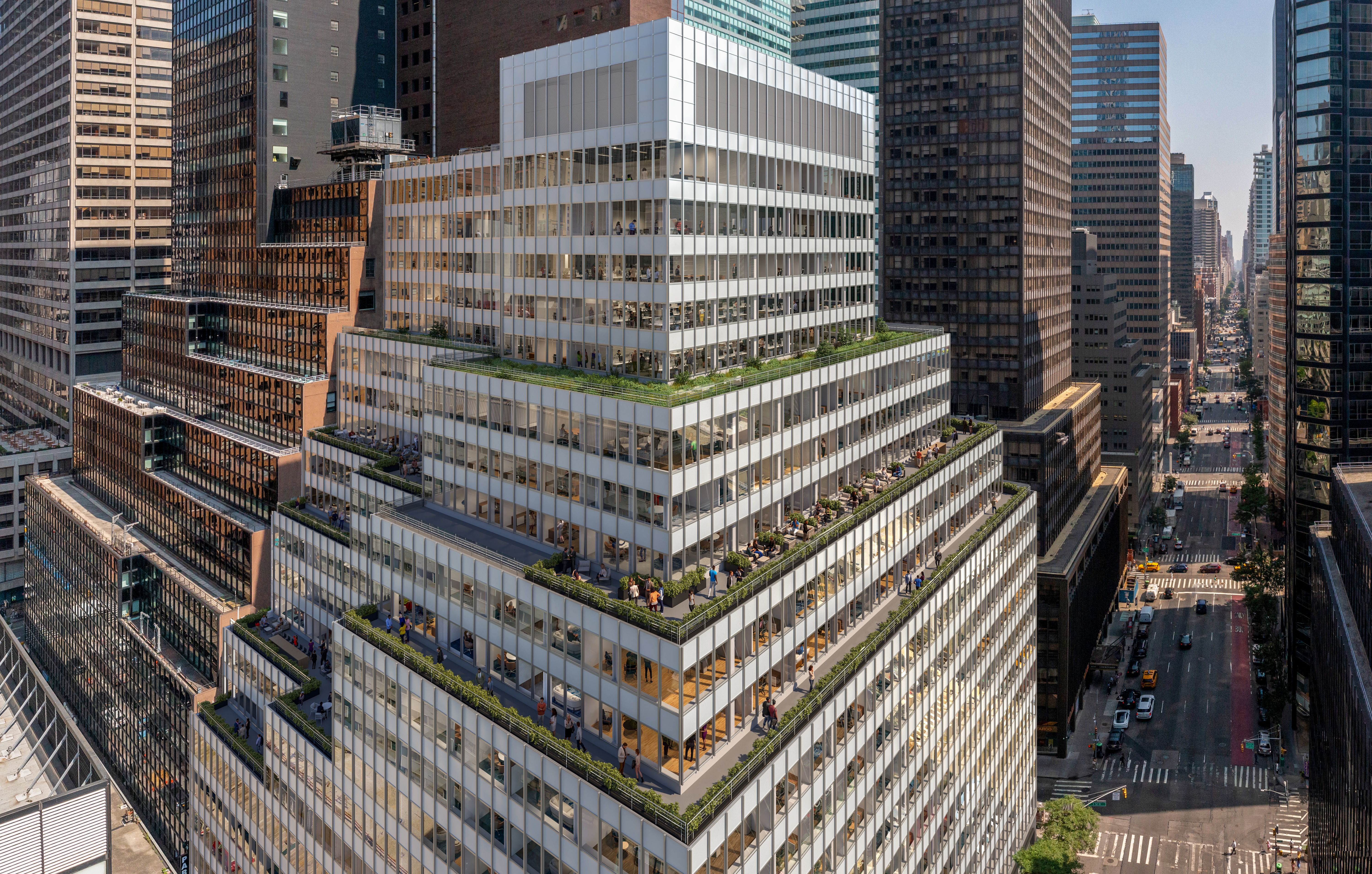 A modern, multi-tiered office building, named 850 Third Avenue, with terraces featuring green plants, surrounded by tall skyscrapers in a busy New York cityscape with streets and traffic visible below.