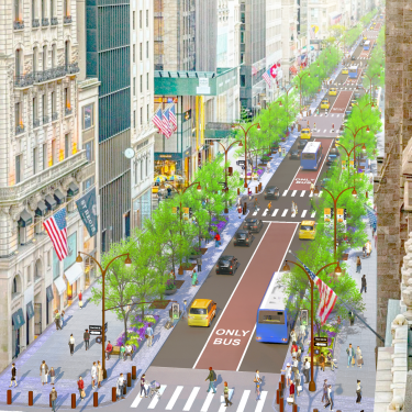 Aerial rendering of a bustling Fifth Avenue featuring dedicated bus lanes, busy sidewalks, and planted trees, surrounded by tall buildings.